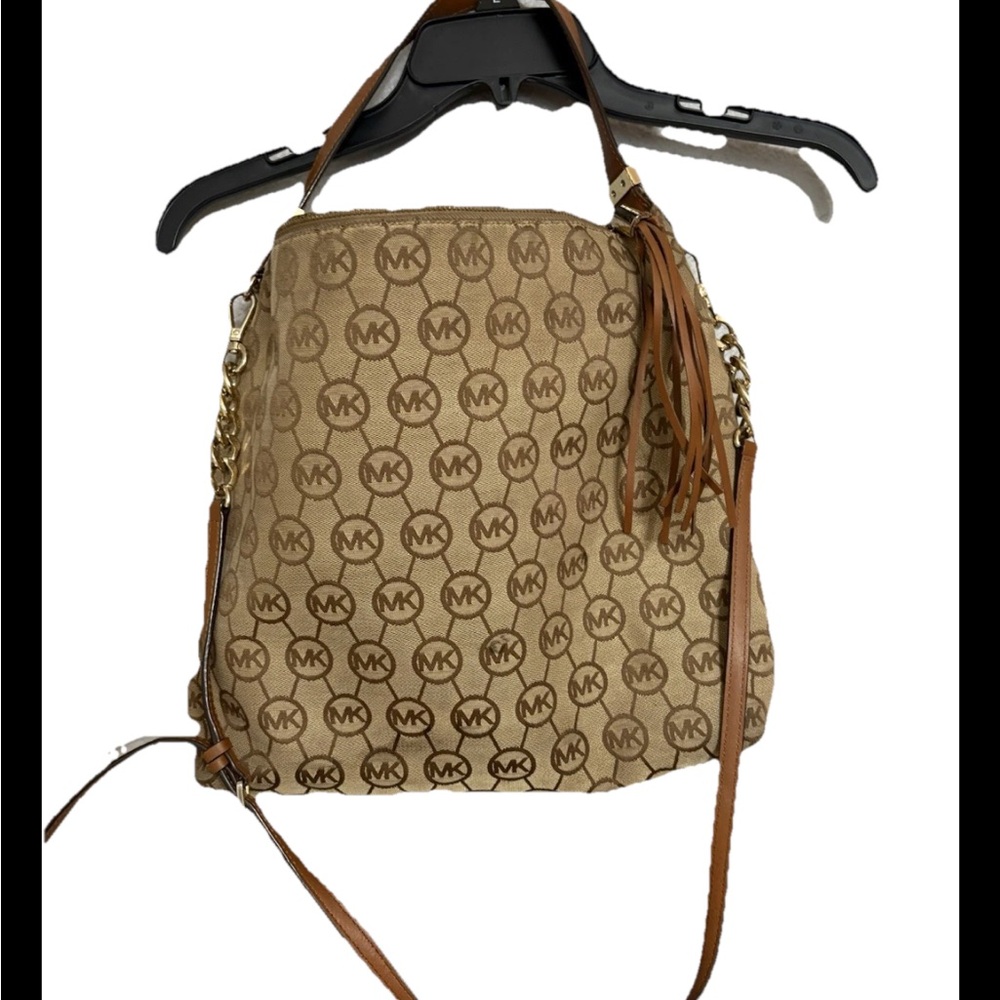 Michael Kors Brown Logo Monogram Shoulder Bag with Leather Tassel